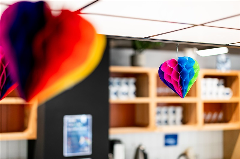 Colourful hearts hanging from ceiling