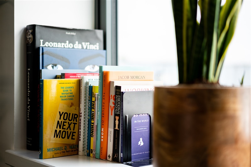 Books and plant lined on windowsill with sun